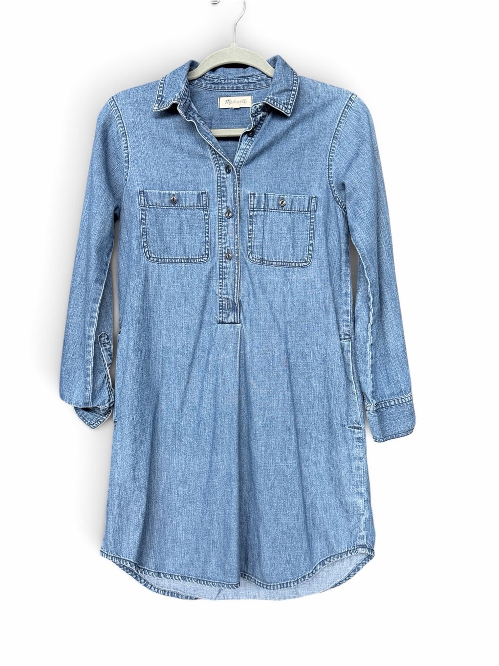 Madewell Blue Denim Popover Shirtdress Size XS Mini Long Sleeve Mini Boho